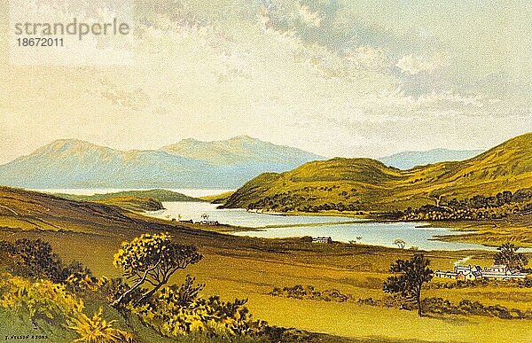 Loch Fad  Insel Bute  Innere Hebriden  See  Natur  Landschaft  Gebäude  Ruhe  Einsamkeit  Urlaub  Hochland  farbige historische Illustration 1889  Schottland  Großbritannien  Europa