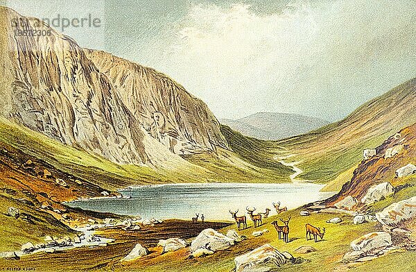 Duh Loch  Loch-Na-Gar  Lochnagar  Grampian Mountains  Berglandschaft  See  Hirsche  Felsen  Natur  Ruhe  Idylle  historische Illustration 1889  Schottland  Großbritannien  Europa