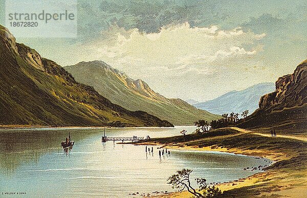 Loch Eck  Fjord  südlicues Hochland  Berglandschaft  wanderer  weg  Schiff  Anleger  Einsamkeit  Ruhe  farbige historische Illustration 1889  Schottland  Großbritannien  Europa
