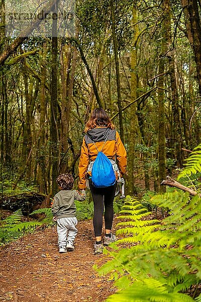 Mutter und Sohn bei einem Spaziergang auf dem Wanderweg Las Creces im moosbewachsenen Wald des Nationalparks Garajonay  La Gomera  Kanarische Inseln