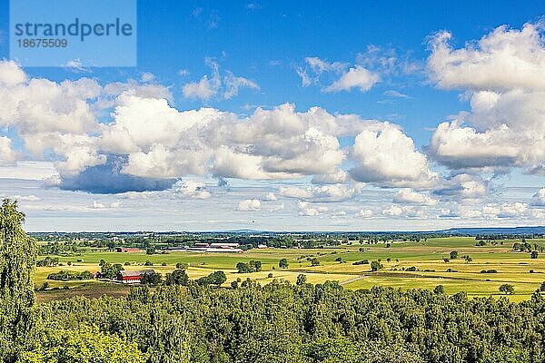 Fantastische Aussicht auf eine Kulturlandschaft in der schwedischen Landschaft im Sommer