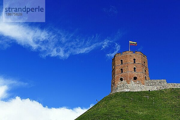 Gedeminas-Turm mit der litauischen Flagge auf dem Burghügel der Altstadt  Vilnius  Litauen  Europa