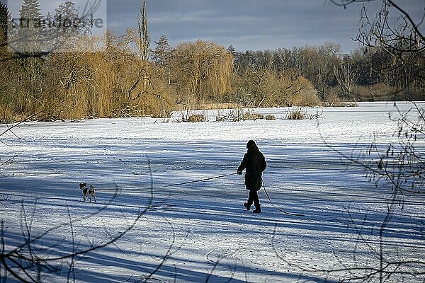 Auf dem zugefrorenen Hermsdorfer See in Berlin Reinickendorf geh eine Frau mit ihrem Hund über das Eis. Berlin  13.02.2021  Berlin  Deutschland  Europa