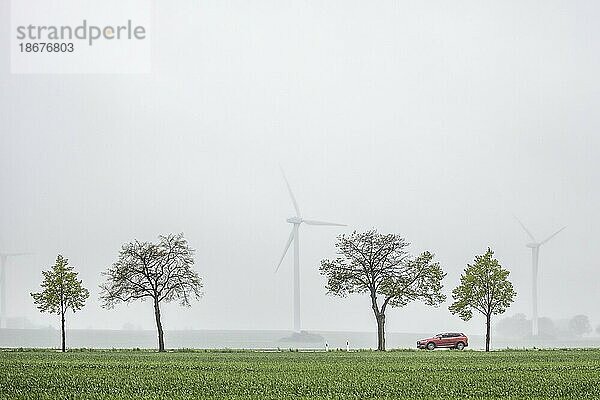 Ein Auto zeichnet sich auf einer Landstrasse von Windrädern ab in Vierkirchen  13.05.2021. Vierkirchen  Sachsen  Deutschland  Europa