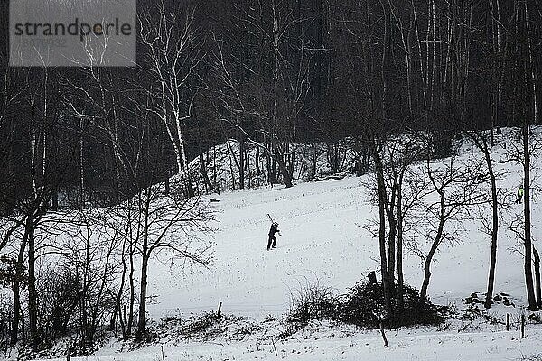 Ein Junge trägt Ski einen Hang hinauf in Königshain  14.02.2021.   Königshain  Sachsen  Deutschland  Europa