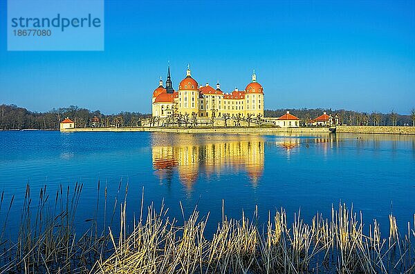 Außenansicht Schloss Moritzburg im Winter bei halb zugefrorenem Schlossteich aus Richtung Südwesten  Moritzburg bei Dresden  Sachsen  Deutschland  Europa