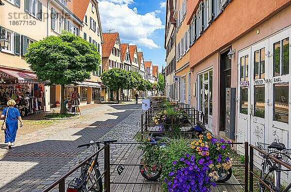 Straßenszene in der Ammergasse mit Passanten und Ladengeschäften sowie bunten Blumendekorationen  Tübingen  Baden-Württemberg  Deutschland  Europa