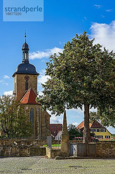 View of Regiswindis Church as seen from Grafenburg (Count's Castle)  nowadays town hall  in the foreground the historic town hall fountain with obelisk  Lauffen am Neckar  Baden-Württemberg  Germany