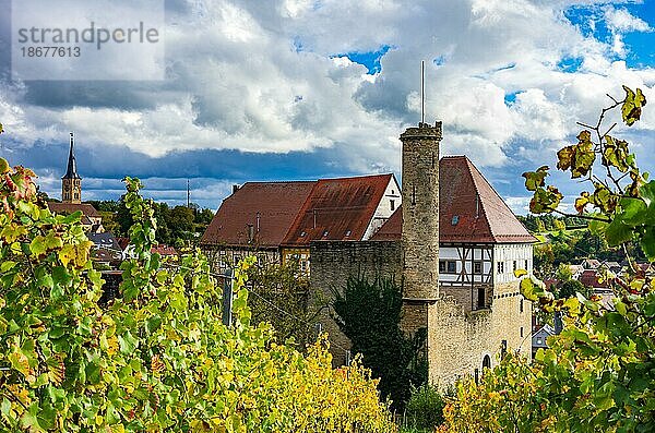 Von Weinbergen umgebenes Oberes Schloss  auch Obere Burg  eine mittelalterliche Höhenburganlage in Talheim im Heilbronner Land  Baden-Württemberg  Deutschland  bei Gewitterstimmung  Europa