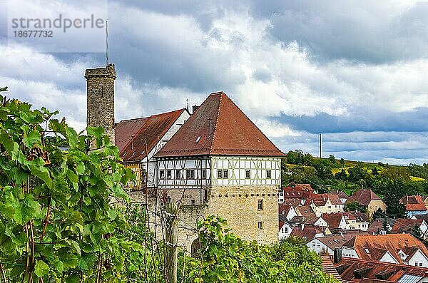 Von Weinbergen umgebenes Oberes Schloss  auch Obere Burg  eine mittelalterliche Höhenburganlage in Talheim im Heilbronner Land  Baden-Württemberg  Deutschland  bei Gewitterstimmung  Europa
