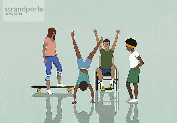 Energetische Gemeinschaft im Rollstuhl und beim Skateboardspielen