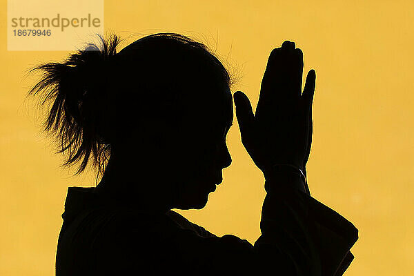 Silhouette einer betenden Frau im Tempel. Glaubens- und Spiritualitätskonzept  Vietnam  Indochina  Südostasien  Asien