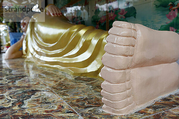 Leben von Buddha  Siddhartha Gautama  liegender Buddha  Übergang in Parinirvana nach 45 Jahren der Dharma-Lehre  buddhistischer Tempel Long Duc  Tan Chau  Vietnam  Indochina  Südostasien  Asien