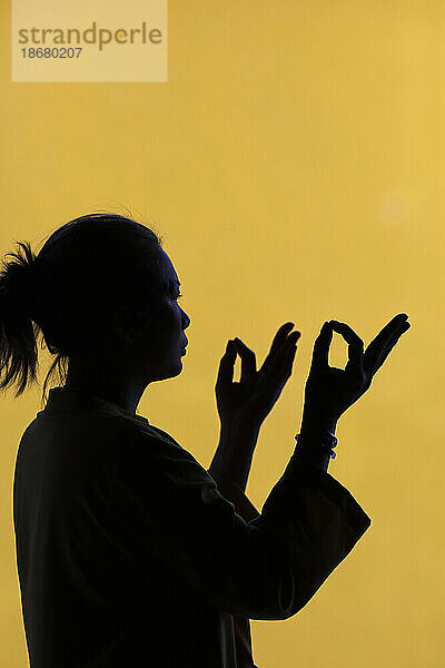 Silhouette einer betenden Frau im Tempel. Glaubens- und Spiritualitätskonzept  Vietnam  Indochina  Südostasien  Asien