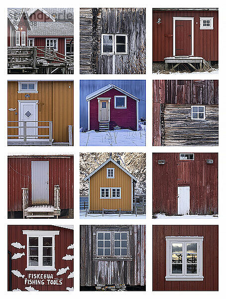 Auswahl norwegischer Rorbuer-Hütten und Details  Lofoten  Troms und Finnmark  Norwegen  Skandinavien  Europa