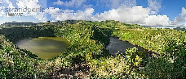 Panorama from Miradouro over Caldeira Negra e Lagoa Comprida  two lakes of volcanic origin on Flores island  Azores islands  Portugal  Atlantic Ocean  Europe
