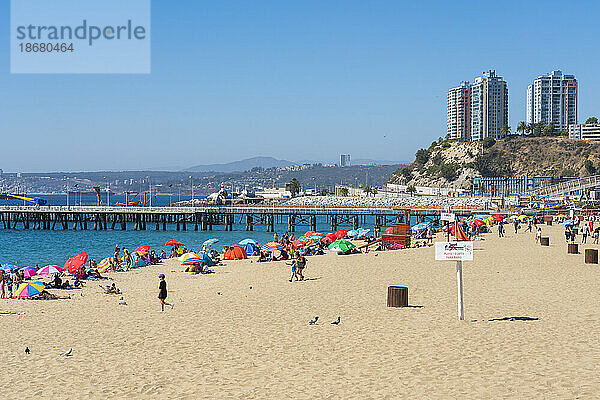 Menschen beim Sonnenbaden am Strand von Caleta Portales  Valparaiso  Provinz Valparaiso  Region Valparaiso  Chile  Südamerika