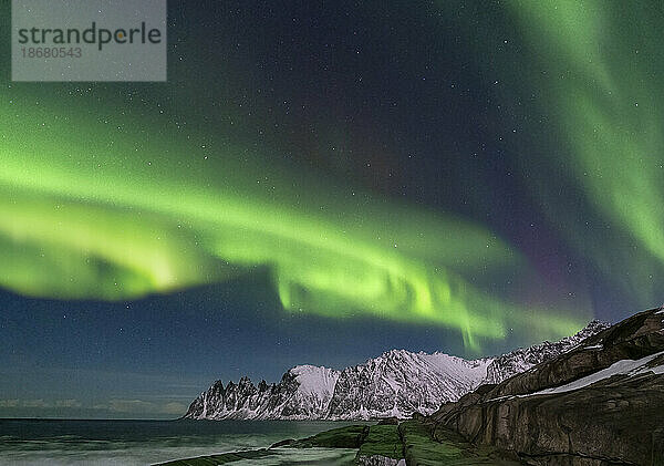 Die Aurora Borealis (Nordlichter) über dem Teufelskiefer (Teufelszähne)  Oskornan-Gebirge  Tungeneset  Senja  Kreis Troms und Finnmark  Norwegen  Skandinavien  Europa