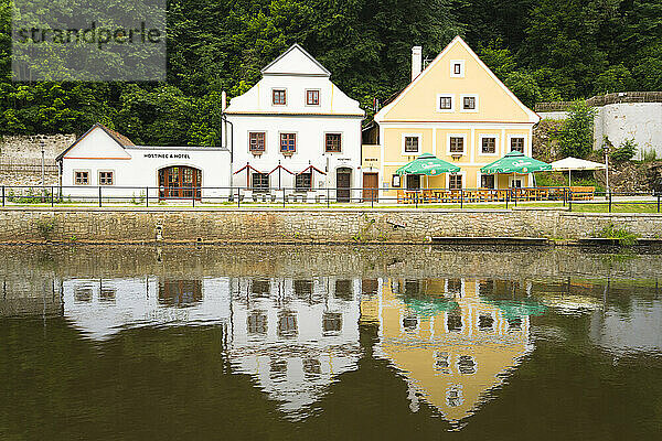 Exterior of houses in front of Vltava river at Cesky Krumlov  Czech Republic (Czechia)  Europe