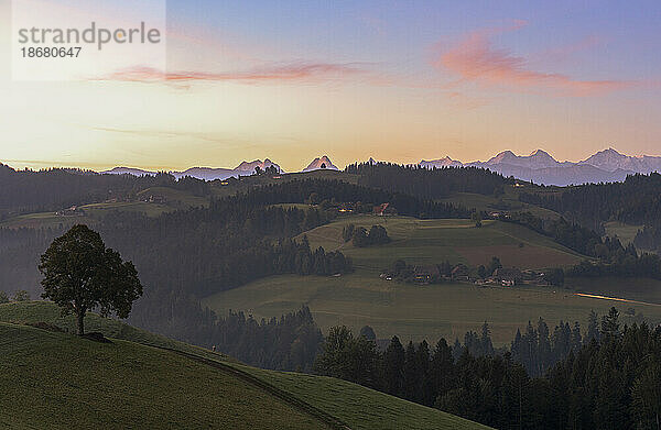 Grüne sanfte Hügel und Wälder im Herbstnebel im Morgengrauen  Sumiswald  Emmental  Kanton Bern  Schweiz  Europa