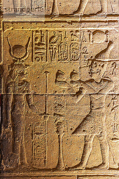 Steinschnitzereien und Hieroglyphen im Heiligtum am Isis-Tempel  Philae-Tempelkomplex  UNESCO-Weltkulturerbe  Insel Agilkia  Assuan  Ägypten  Nordafrika  Afrika