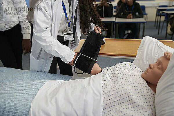Medizinstudenten üben das Messen des Blutdrucks an einer Puppe