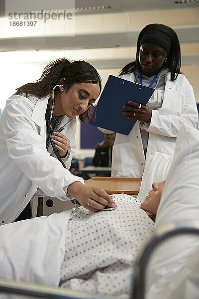Medizinstudenten führen medizinische Untersuchung an einer Puppe durch