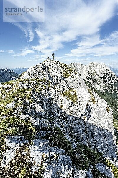 Bergsteiger auf einem Gratweg  Überschreitung der Hackenköpfe  felsige Berge des Kaisergebirge  Wilder Kaiser  Kitzbühler Alpen  Tirol  Österreich  Europa
