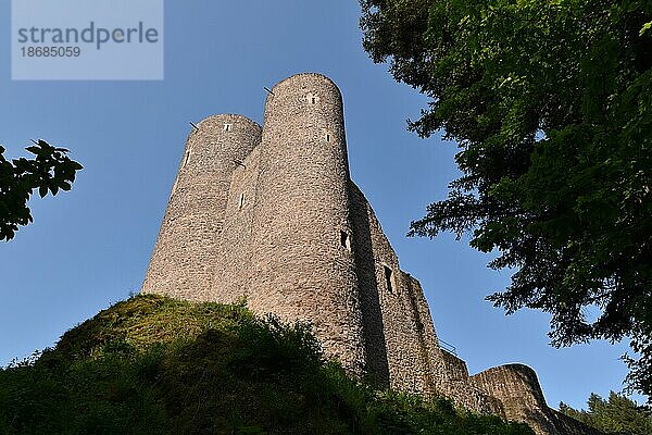 Die 1327 erbaute mittelalterliche Spornburg Frauenburg im Landkreis Birkenfeld im Morgenlicht  Hunsrück  Rheinland-Pfalz  Deutschland  Europa