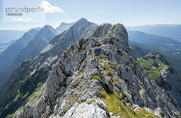 Bergsteiger am Gipfel der Oberen Wettersteinspitze  Blick auf den felsigen Bergkamm des Wettersteingrat  Wettersteingebirge  Bayerische Alpen  Bayern  Deutschland  Europa