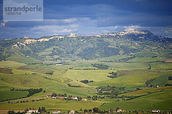 Toskanische Landschaft bei Orciatico  hinten Volterra  Parco dell'Alta Valdera  Provinz Pisa  Toskana  Italien  Europa