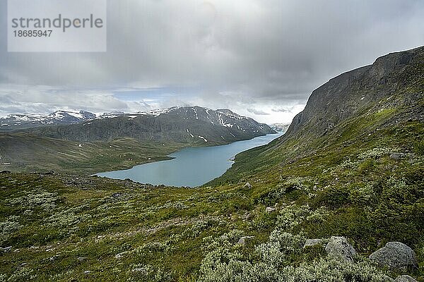 Ausblick auf See Gjende  Besseggen Wanderung  Gratwanderung  Jotunheimen Nationalpark  Vågå  Innlandet  Norwegen  Europa