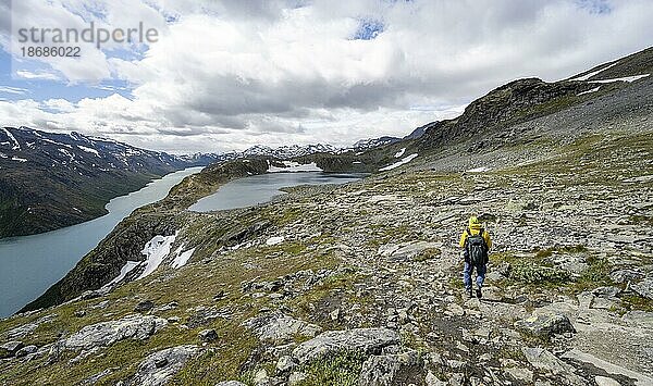 Bergsteiger auf Besseggen Wanderung  Gratwanderung  See Gjende und See Bjørnbøltjønne  Jotunheimen Nationalpark  Vågå  Innlandet  Norwegen  Europa