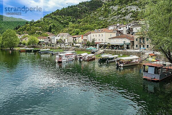 Ausflugsboote auf Fluss Crnojevic  Rijeka Crnojevica  Nationalpark Skutarisee  bei Cetinje  Montenegro  Europa