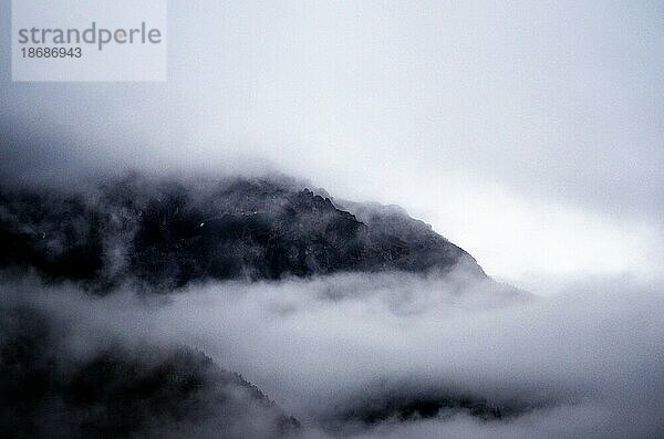 Nebel in den Bergen. Natur Hintergrund. Peak of Mountain in dichtem Nebel