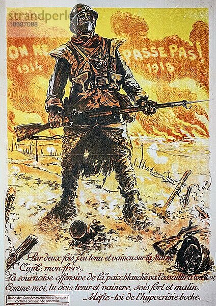 Vintage WWI Propagandaplakat mit französischen Soldaten aus dem Ersten Weltkrieg  die Frankreich verteidigen
