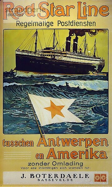 Plakat der Red Star Line aus dem 19. Jahrhundert  das für Überfahrten unter belgischer Flagge zwischen Antwerpen und den Vereinigten Staaten wirbt