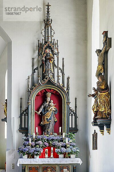 Seitenaltar und Marienfigur mit Krone und Jesuskind in der Kirche St. Michael  eine der ältesten Kirchen des Allgäus  unter Denkmalschutz stehend  Krugzell  Allgäu  Bayern  Deutschland  Europa