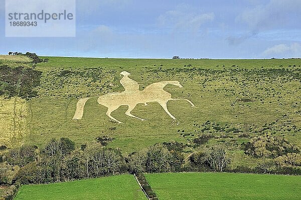 Das Osmington White Horse  eine 1808 in den Kalkstein Osmington Hill an der Jurassic Coast  Dorset  Süd-England  UK  gemeißelte Figur von Georg III. zu Pferd