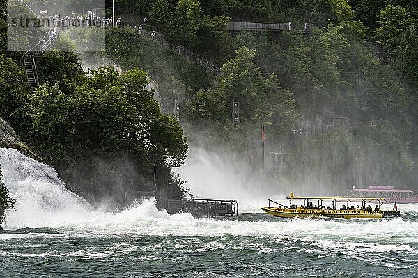 Aussflugsboot bei der Anfahrt zum Wasserfall Rheinfall bei Neuhausen am Rheinfall  Schweiz  Europa