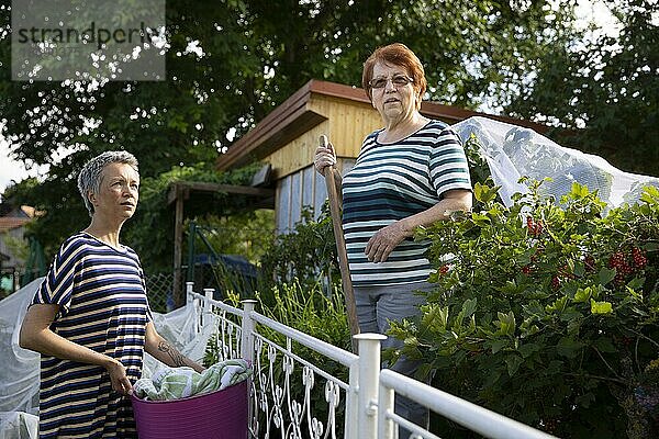 Nachbarschaft. Frauen am Gartenzaun sind miteinander im Gespräch.  Bücheloh  Deutschland  Europa