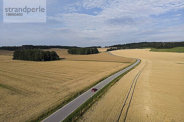 Luftaufnahme einer Landstrasse mit rotem PKW in Königshain in Sachsen.  Königshain  Deutschland  Europa