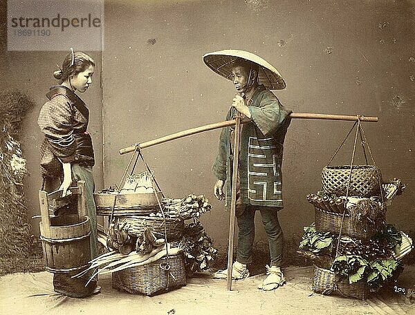 Gemüsehändler mit Kundin  um 1880  Japan  Historisch  digital restaurierte Reproduktion von einer Vorlage aus der damaligen Zeit  Asien