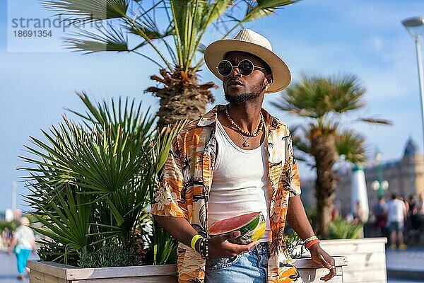 Schwarzer ethnischer Mann genießen Sommerurlaub am Strand  Sombrero und eine Wassermelone
