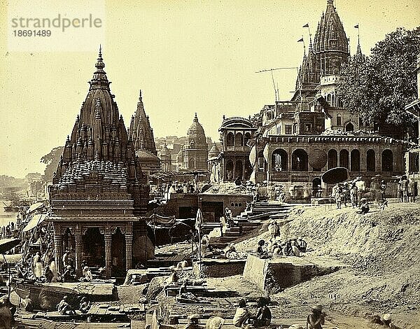 Benares  Vishnu Pud Tempel und andere Tempel in der Nähe des brennenden Ghat  heilige Badestelle für Hindus  1887  Indien  Historisch  digital restaurierte Reproduktion von einer Vorlage aus der damaligen Zeit  Asien