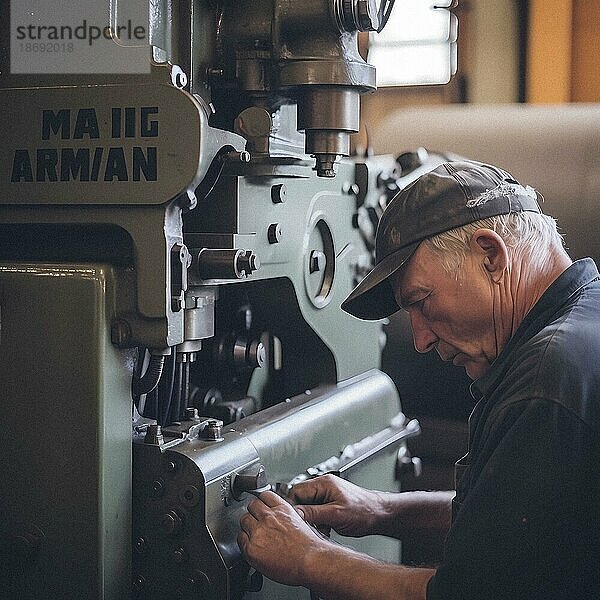 Maschinenfabrik (ab ca. 1960) des letzten Jahrhunderts  Arbeiter arbeiten hart an einer Maschine  KI generiert
