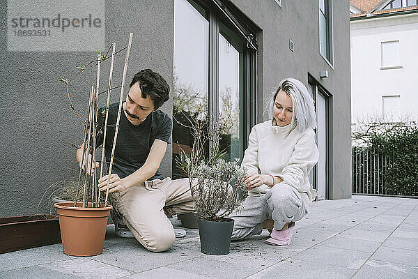Paar kümmert sich gemeinsam um Pflanzen auf der Terrasse