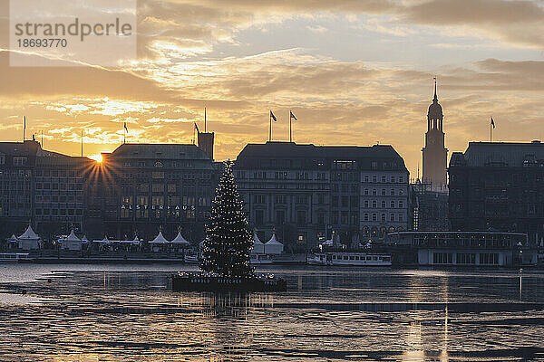 Deutschland  Hamburg  Weihnachtsbaum in der Außenalster bei Sonnenuntergang