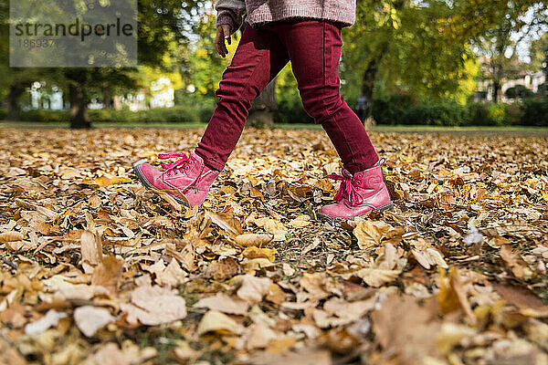 Mädchen läuft auf trockenen Blättern im Herbstpark