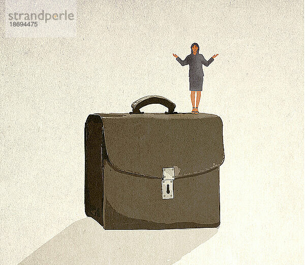 Illustration einer Geschäftsfrau  die auf einer übergroßen Aktentasche steht